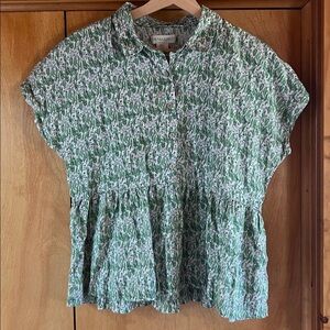 Cynthia Rowley Linen Short Sleeve Green + White Floral Button-Front Top
